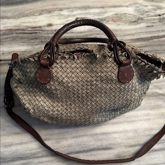 HENRY BEGUELIN WASHED GREEN WOVEN LEATHER SATCHEL - - Picture 7 of 9